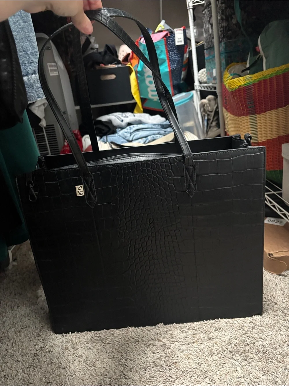 BEIS Black Croc-Embossed Laptop Tote